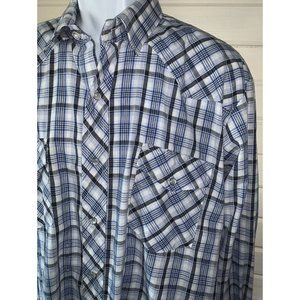 ROPER Sz LARGE Blue White Silver Metallic Plaid Cowboy Snap Front Shirt EUC